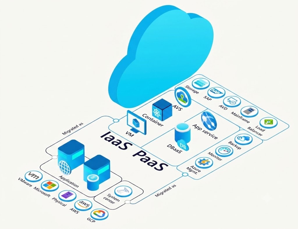 Diagram of on-premises VMware, Microsoft, physical, AWS and GCP workloads migrating into Azure IaaS and PaaS services.